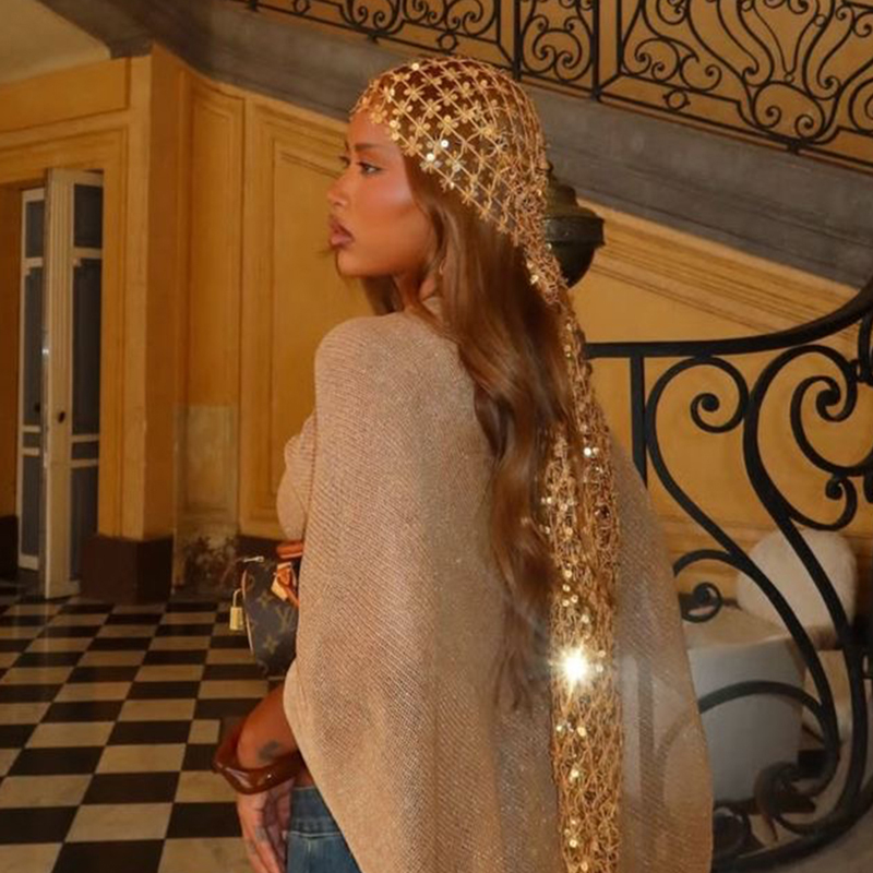 Hair Net Invisible - Boho pullu örgü başörtüsü altın siyah